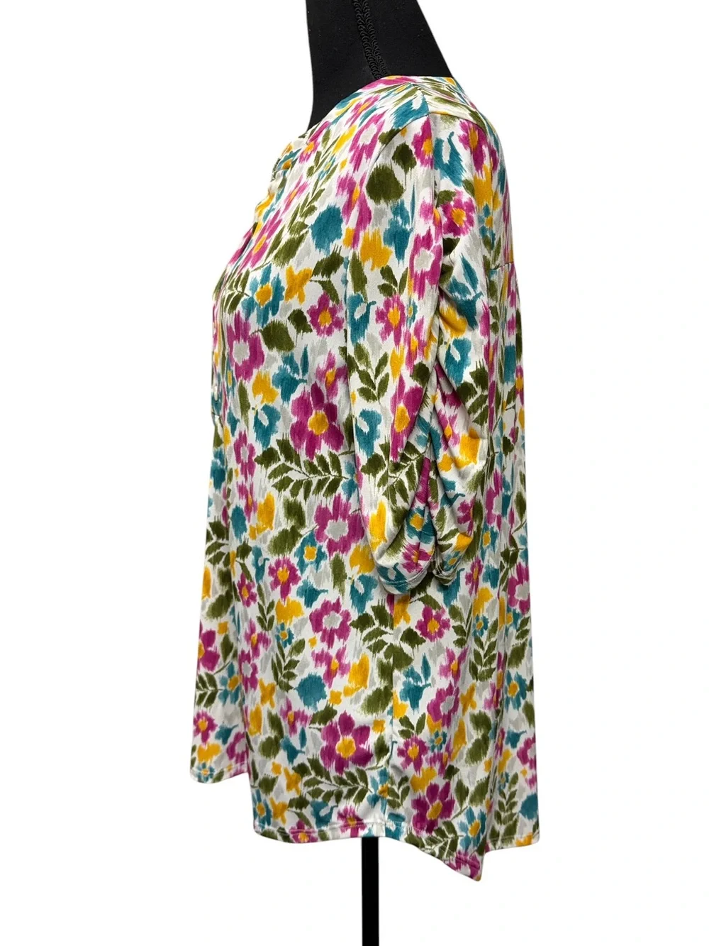 White Birch Floral Boho Tunic Top Medium Pink Teal Mustard Relaxed Fit